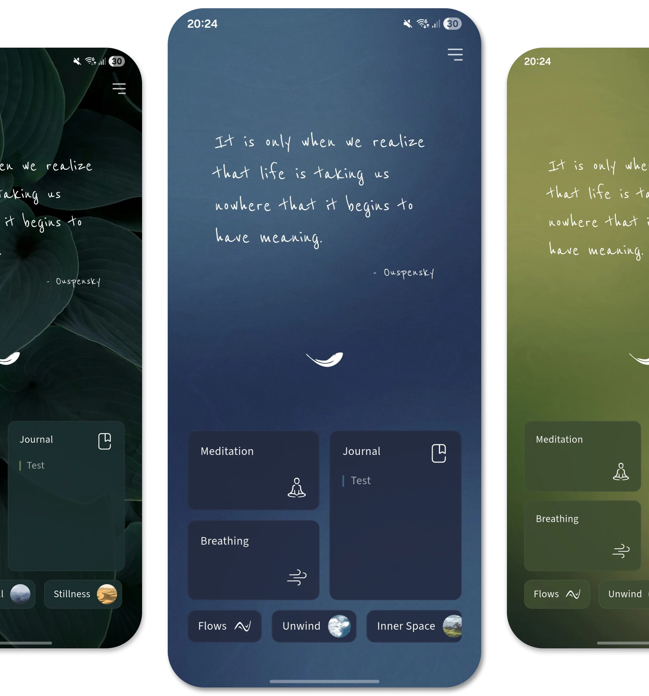 Three phone screenshots showing a meditation app